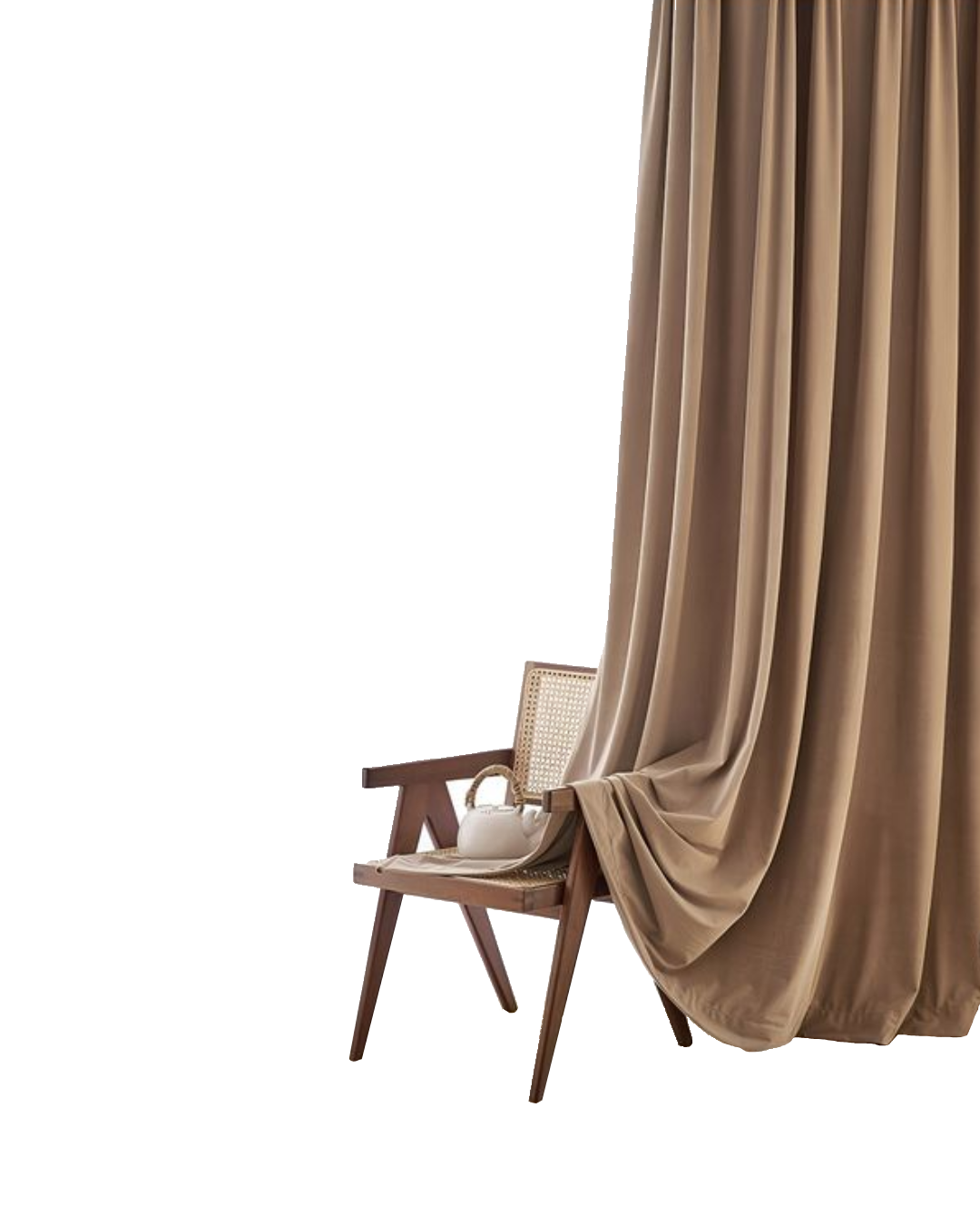 Draped curtain beside a cane armchair